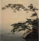 Japanischer Künstler um 1900 "Küstenlandschaft", Stoffmalerei, 65x58 cm, im Passepartouthinter