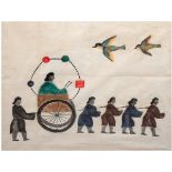 "Würdenträger in Rikscha", China, Farbholzschnitt auf Reispapier, 50x57,5 cm, imPassepartout