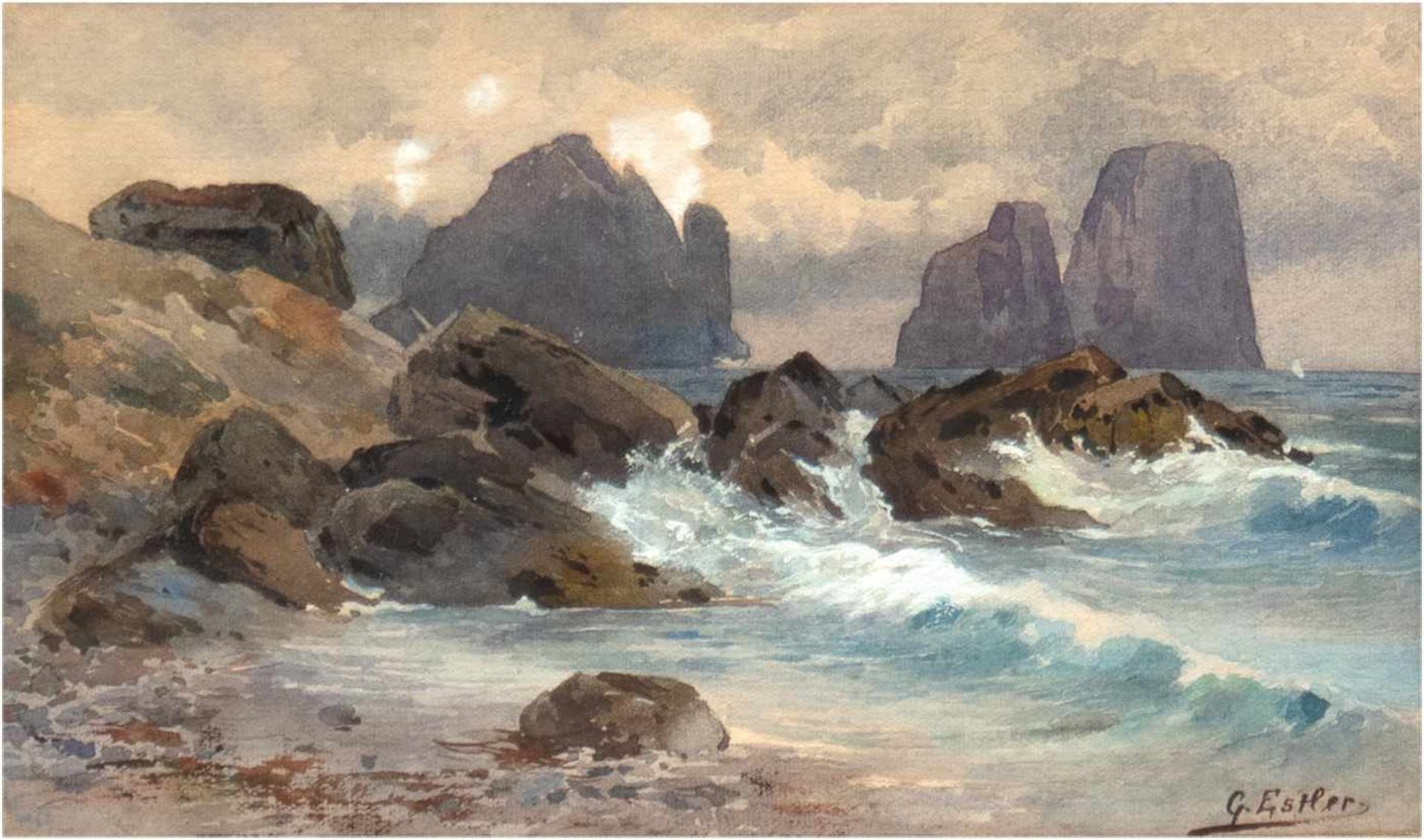 Estler, Georg (1860 Meißen-1954 Dresden) "Küstenlandschaft vor Capri", Aquarell, sign.u.r., 12,