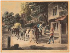 "Horses going to a fair", englischer kolorierter Stich, etwas stockfleckig, 24x30 cm,hinter Glas