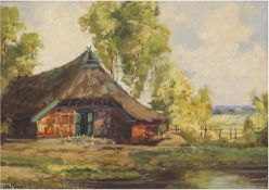 Stöver, Paula (1920 Bremen-?) "Moorkaten in Worpsweder Sommerlandschaft mit Hühnerhof",Öl/