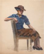 Bremer, Hans (1885-1959) "Dame mit Hut auf Stuhl sitzend", Aquarell, mit Bleistiftsigniert und