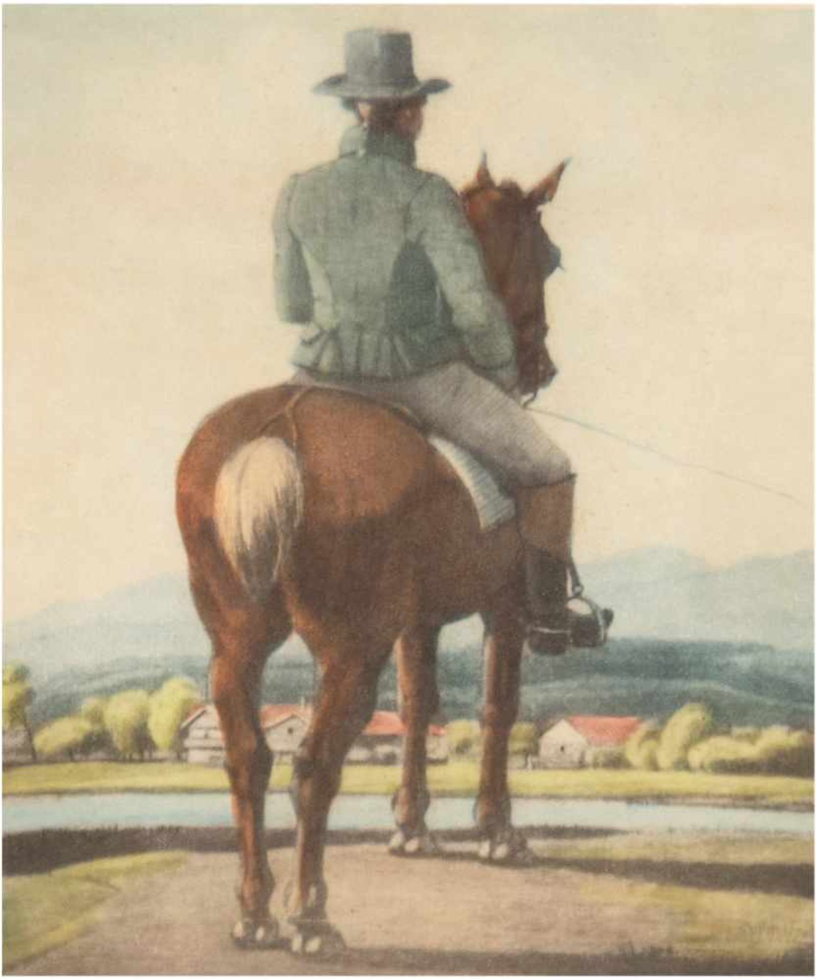 "Reiter am Ufer vor Stadt", Farbradierung nach Wilhelm von Kobell (1766- 1855), 21x14 cm,hinter Glas