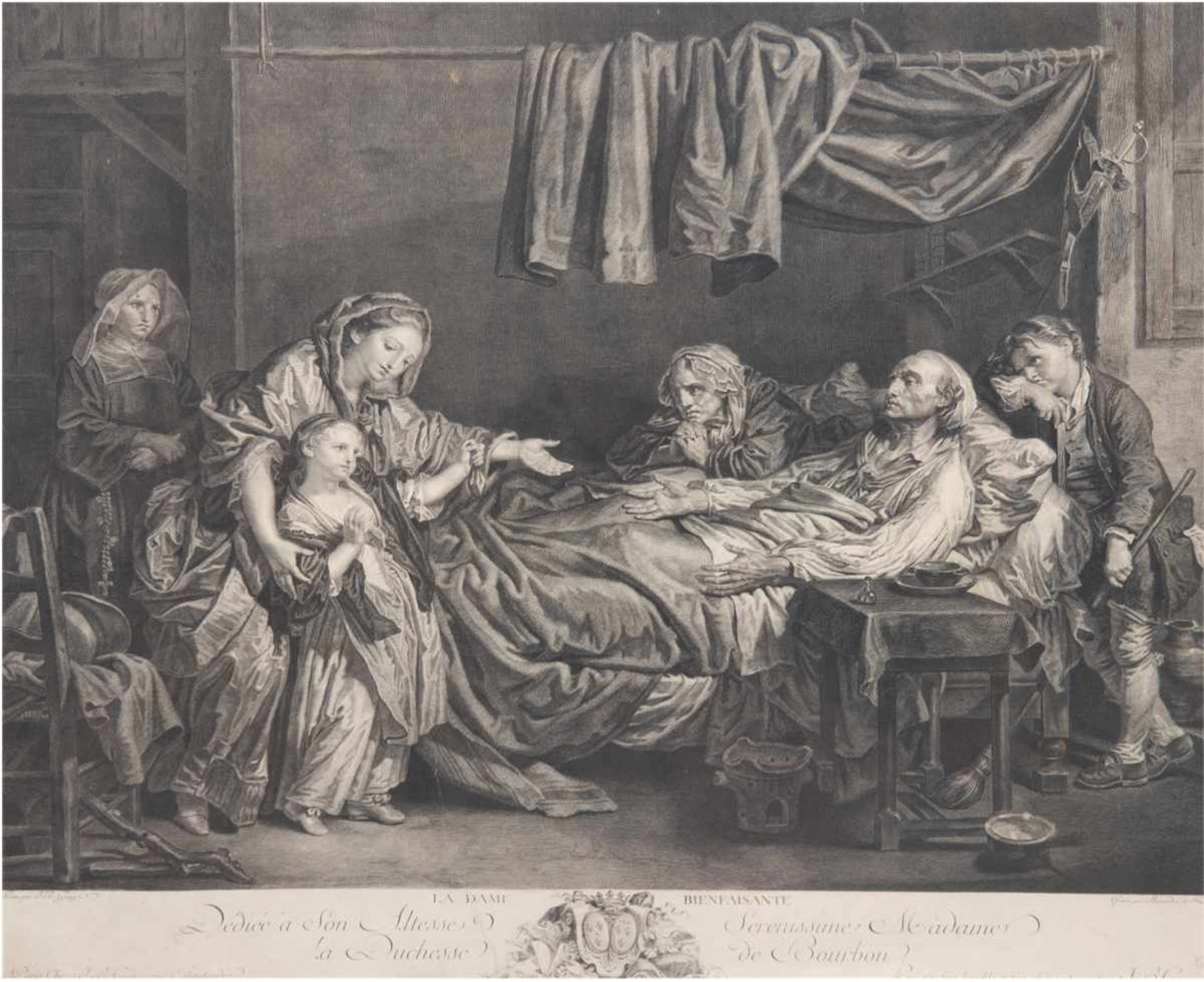 Massard, Jean (1740- 1807) "Die Wohltäterin", Kupferstich 1778, beschnitten, gedruckt aufBütten, mit