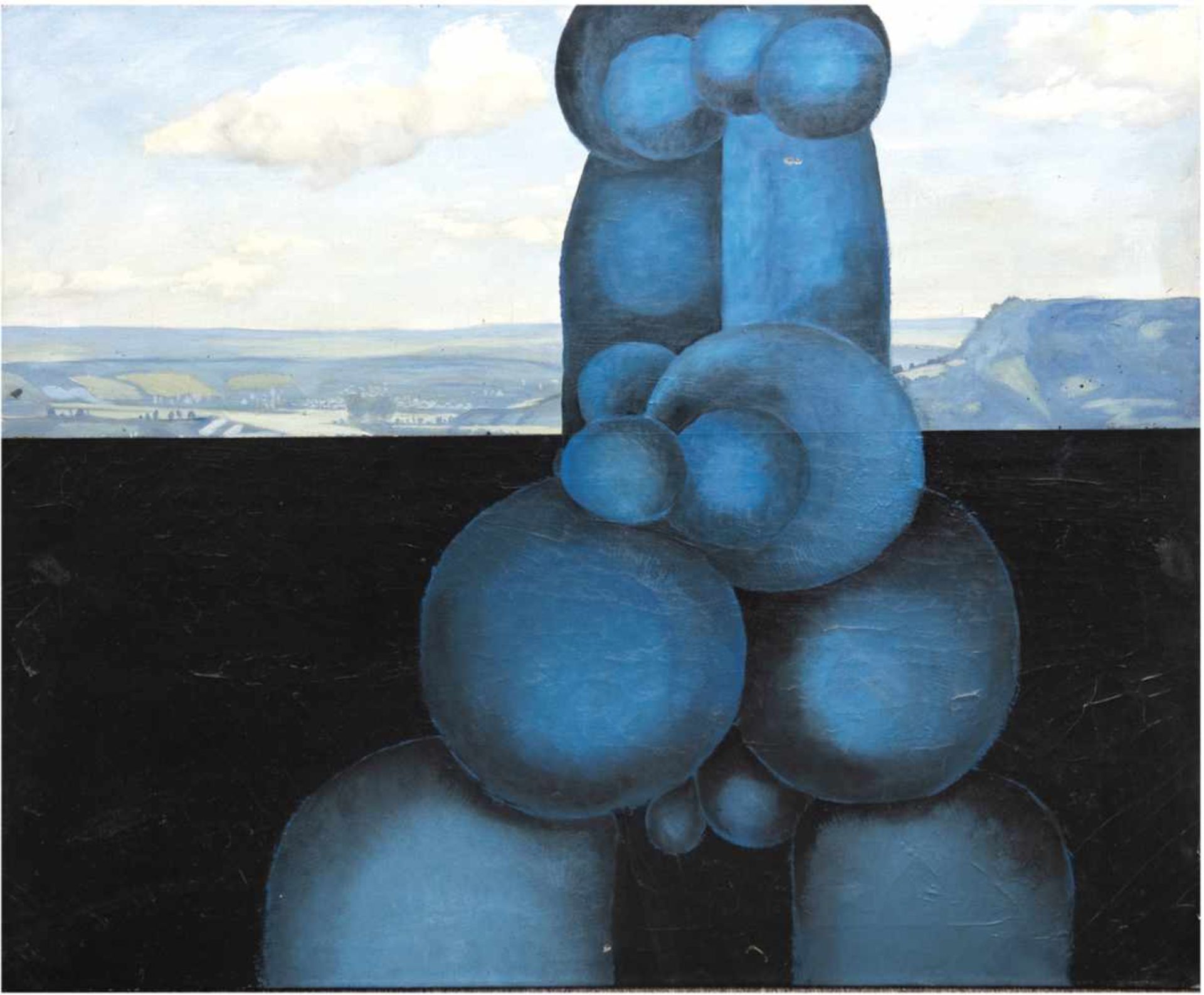 Engst, Georg (geb. 1930 Hamburg-ansässig in Jersbek) "Blaue Skulptur vorLandschaftshintergrund",