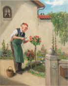 Prediger, Hermann (1886-1970) "Bei der Gartenarbeit", Öl/Lw., sign. u.l., 30x24,5 cm,Rahmen