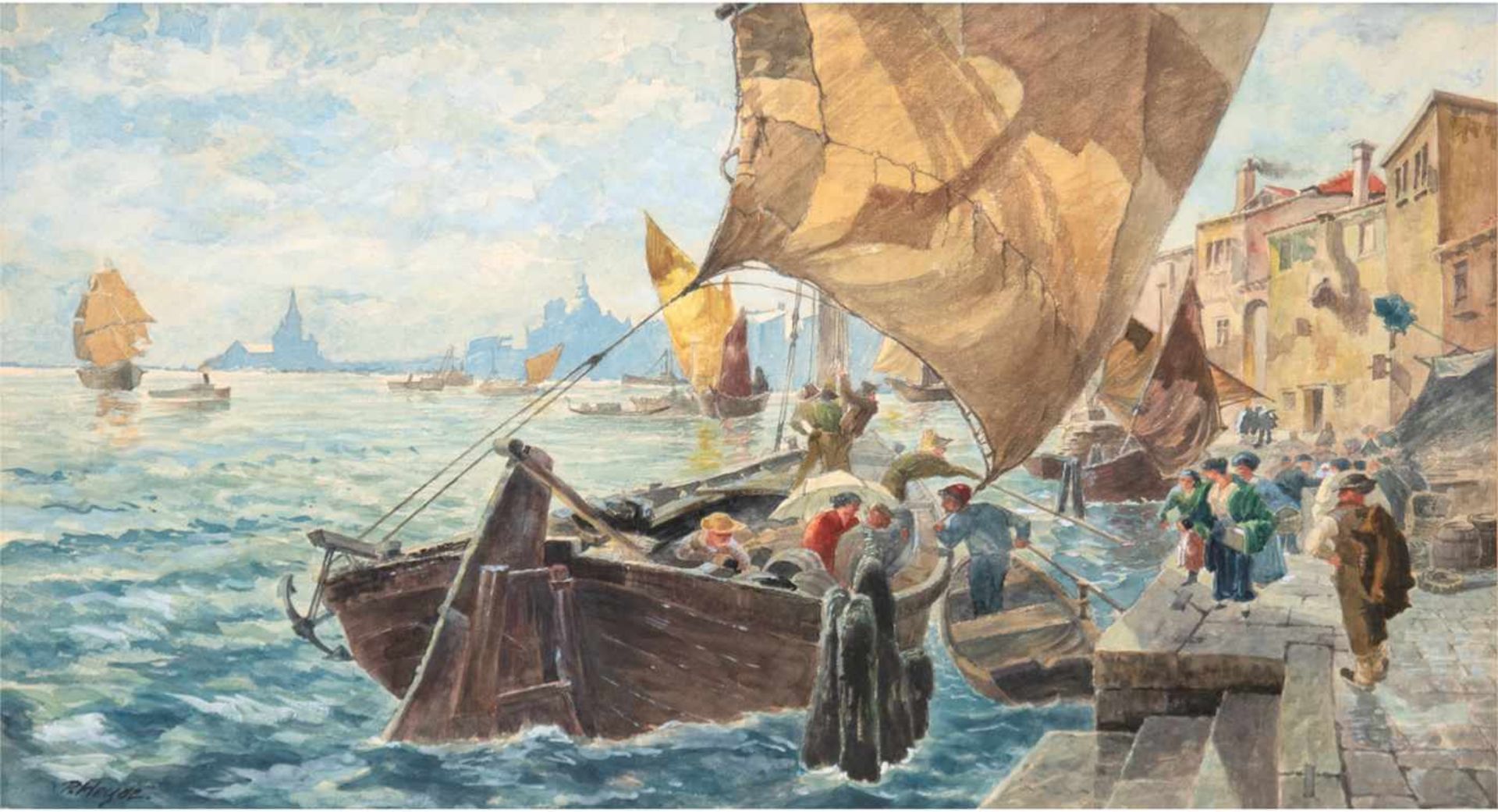 Heyde, P. "Beladen der Fischerboote im südlichen Hafen", um 1880, Aquarell, sign. u.l.,27x43 cm,