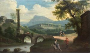 Romantiker "Berglandschaft mit Personenstaffage", Öl/Lw., unsign., 63x103 cm, Rahmen