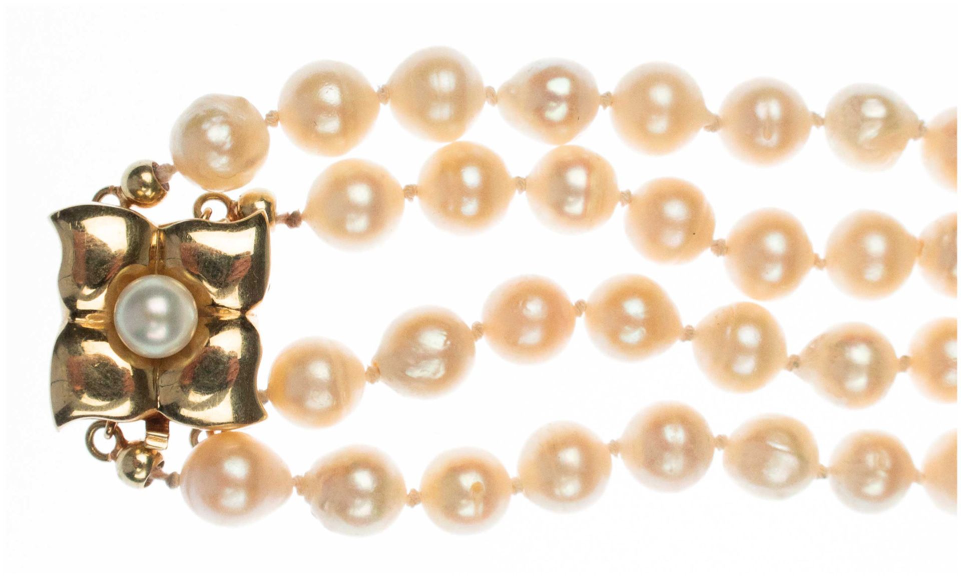 Perlenkette, 2-reihig, mit 585er GG-Schliesse in Blütenform, L. ca. 48 cm