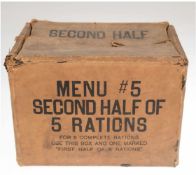 Carepaket-Karton, Mitte 20. Jh., "Menu second half of 5 rations", Gebrauchspuren,19,5x26,5x18 cm