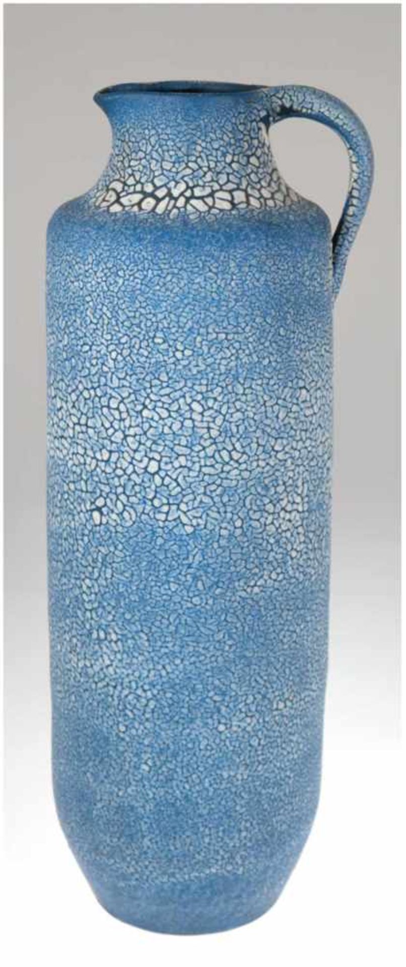 Bodenvase, Albert Kiessling, Langenhessen, Bodenmarke, handgedreht, weiße Schrumpfglasurauf blauem