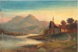 "Romantische Landschaft mit Kirche am See", Öl/Lw., unsign., kl. Farbabpl. und 2Hinterlegungen,