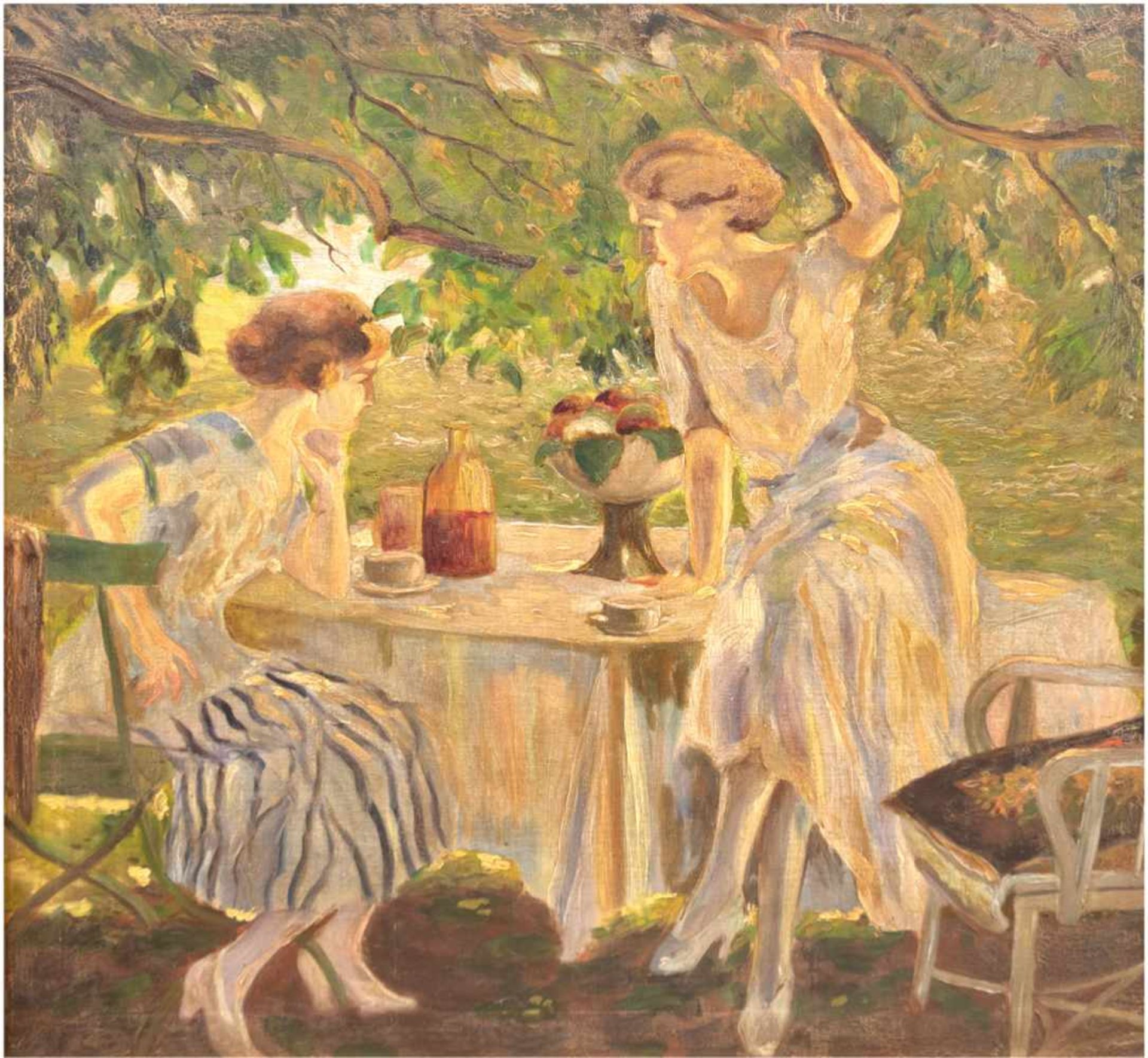 "Sommerliche Szene mit zwei Damen im Garten am Kaffeetisch", um 1920, Öl/Lw., unsign.,80x80 cm,