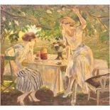 "Sommerliche Szene mit zwei Damen im Garten am Kaffeetisch", um 1920, Öl/Lw., unsign.,80x80 cm,