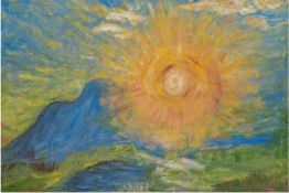 Expressionist "Sonnenaufgang in den Bergen", Mischtechnik, unsign., 50x72,5 cm, hinterGlas und