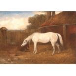 Maler des 19. Jh. "Stute mit Fohlen auf Bauernhof", Öl/Lw., unsigniert, 20x24 cm, Rahmen