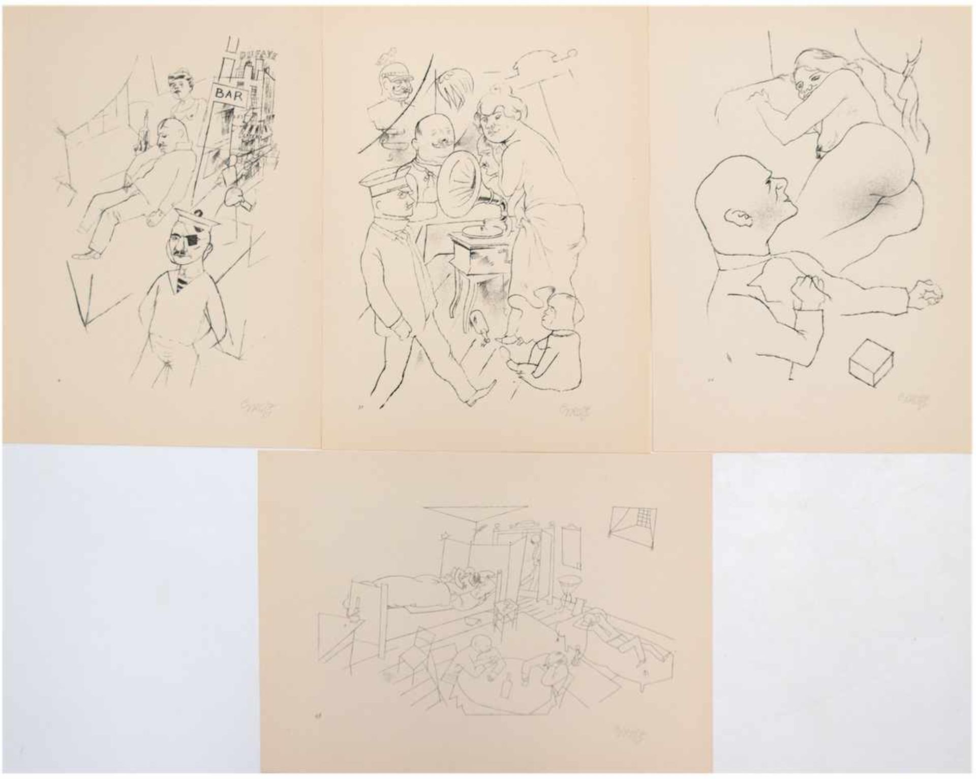 4x Grosz, George (1893 Berlin-1959 ebenda), Blatt 6, 31, 44 u. 49 aus Mappe "Ecce Homo",Fotolitho,