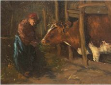 Stock, H. "Bäuerin beim Füttern der Kuh", Öl/Lw., sign. u.r. und dat. '43, 41x51 cm,Rahmen