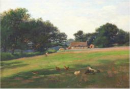 Maler um 1900 "Bäuerliche Idylle mit Hühnern auf der Wiese", Öl/Lw., doubliert, unleserl.signiert