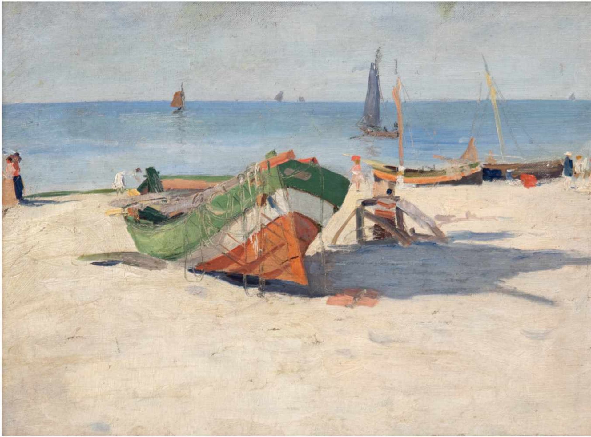 Maler um 1890 "Fischerboote am Strand", Öl/Lw./Mp., unsign., 32x40 cm, Rahmen
