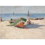 Maler um 1890 "Fischerboote am Strand", Öl/Lw./Mp., unsign., 32x40 cm, Rahmen