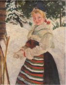 Maler um 1900 "Junge Frau in norwegischer Tracht in Winterlandschaft", Öl/Lw., unsign.,37x26,5 cm,