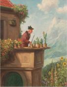 Prediger, Hermann (1886-1970) "Pfeife rauchender Herr beim Blick vom Balkon", Öl/Lw.,30,5x24,5 cm,