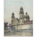 Dietrich, H.J. "Blick auf Rathaus mit Personenstaffage", Farbradierung, sign. u.r.,38x28,5 cm, im