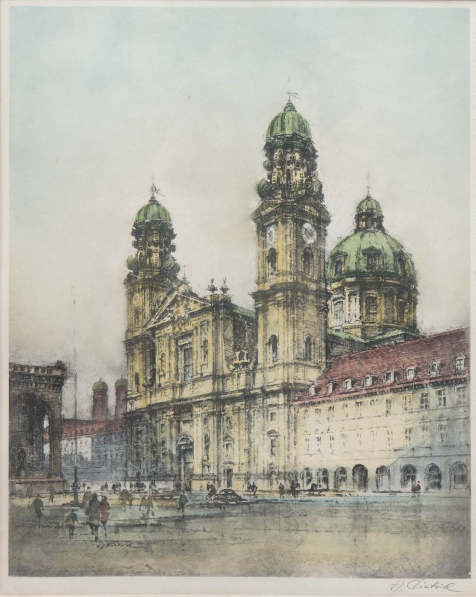 Dietrich, H.J. "Blick auf Rathaus mit Personenstaffage", Farbradierung, sign. u.r.,38x28,5 cm, im