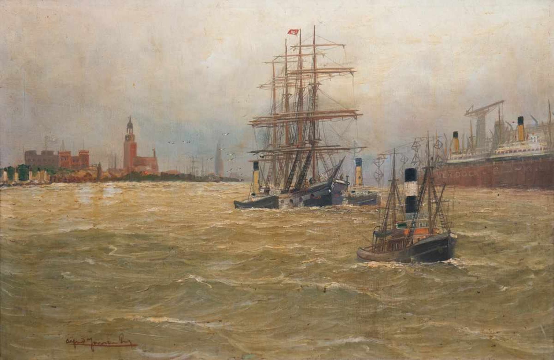 Jensen, Alfred (1859 Randers-1935 Hamburg) "Schlepper mit Viermaster im Hamburger Hafen",Öl/Lw.,