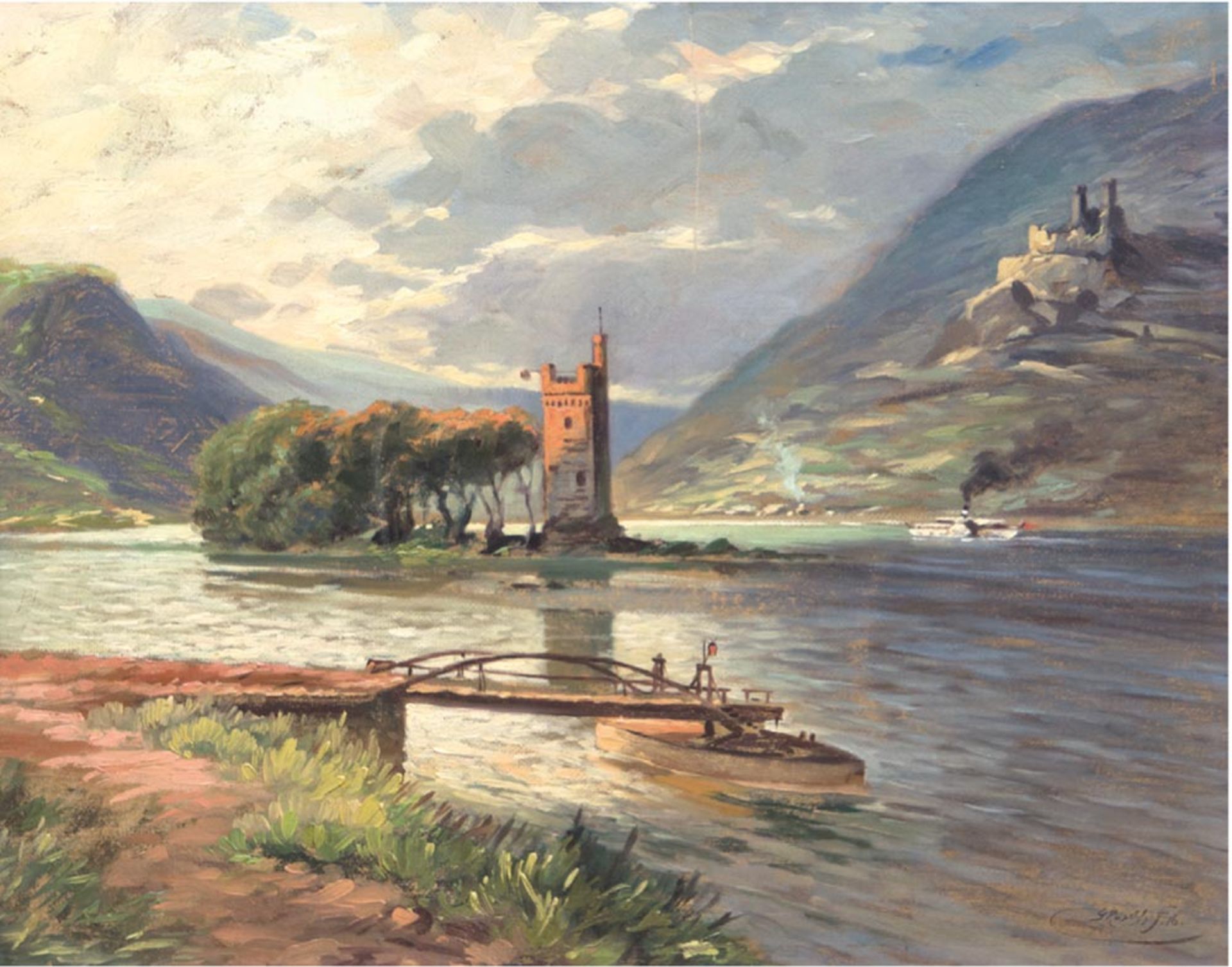 Rüschhoff, Gustav (1886 Neuwied-1947 Neuwied) "Binger Rheinlandschaft mit Mäuseturminsel",Öl/Hf.,