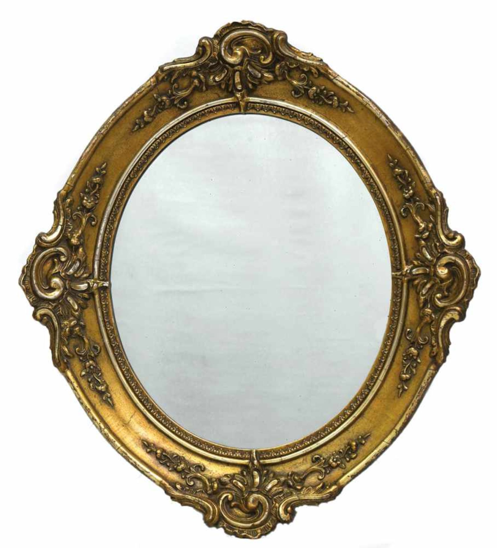 Spiegel, 19. Jh., Holz, vergoldet, ovale Form mit Stuckverzierungen, 55x49 cm