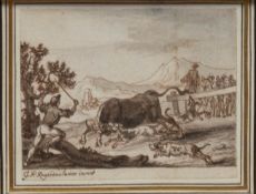 Rugendas d. Jüngere, Georg Philipp (1701-1774) "Von Hunden gejagter Stier", Feder undbraune Tinte,