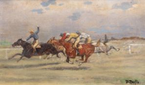 Derfla, Anton Rudolf (1849-?) "Jockeys auf der Rennbahn", Öl/Lw., sign. u.r., 1xHinterlegung,