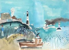 "Boote vor Hafeneinfahrt mit Leuchtturm", Aquarell, undeutlich sign. u.r. und dat. '57,14,5x19 cm,