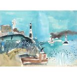 "Boote vor Hafeneinfahrt mit Leuchtturm", Aquarell, undeutlich sign. u.r. und dat. '57,14,5x19 cm,