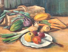 Stillebenmaler um 1930 "Küchenstilleben", Öl/Hf. unsign., 53x64 cm, Rahmen