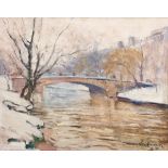 Volkwarth, Hugo (1888 Altona-1946 Thüringen) "Winterliche Landschaft mit Brücke über demFluß", Öl/