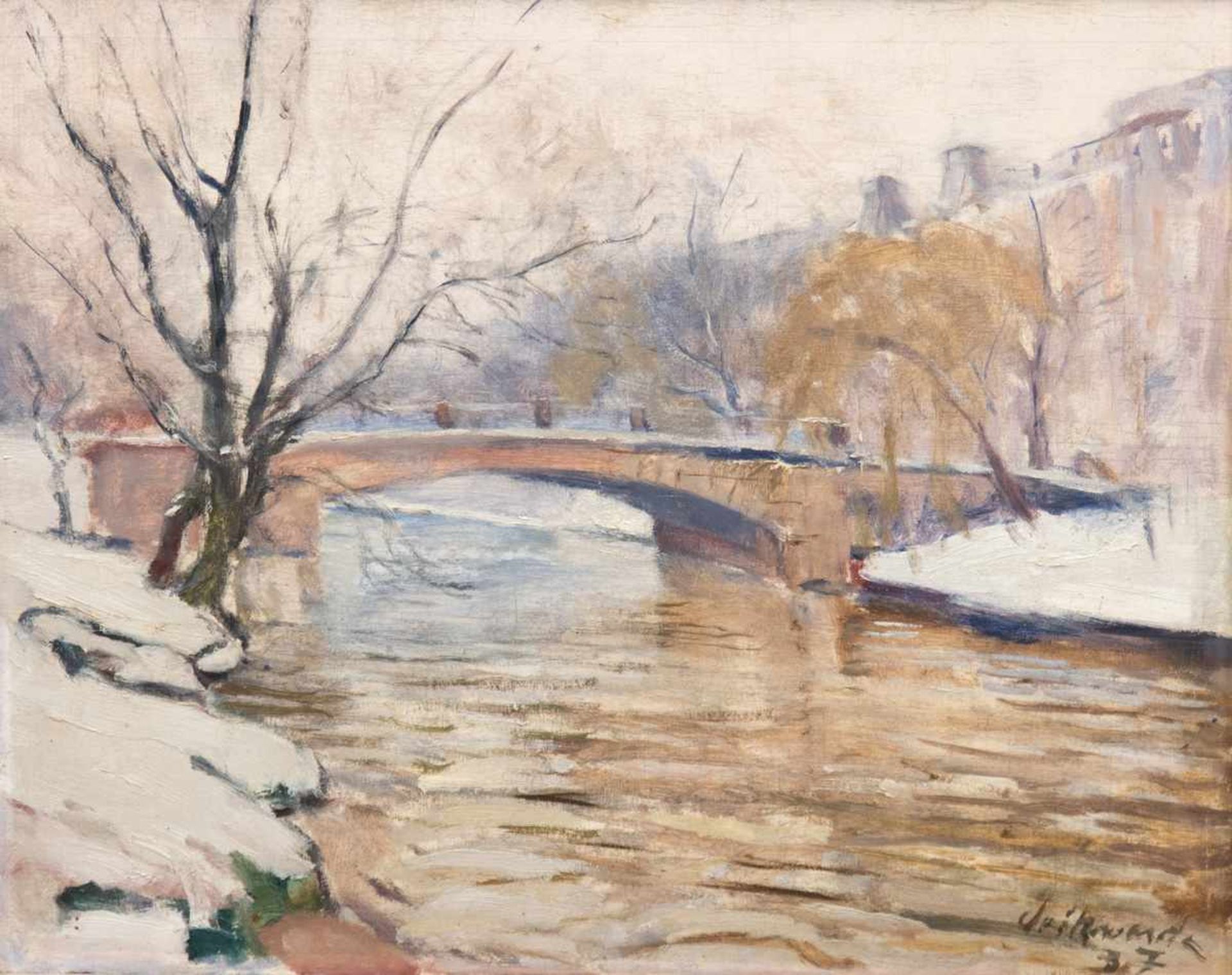 Volkwarth, Hugo (1888 Altona-1946 Thüringen) "Winterliche Landschaft mit Brücke über demFluß", Öl/