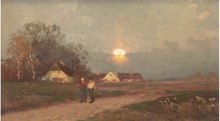 Reichert, Carl, Pseud. J. Loninger (1836-1918) "Abendliche Landschaft mit Bauernpaar",Öl/Mp.,