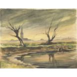 Seidel, Jochen (1924 - 1971) "Weiher vor Dorfsilhouette mit Kirchturm", Aquarell/Papier,signiert und