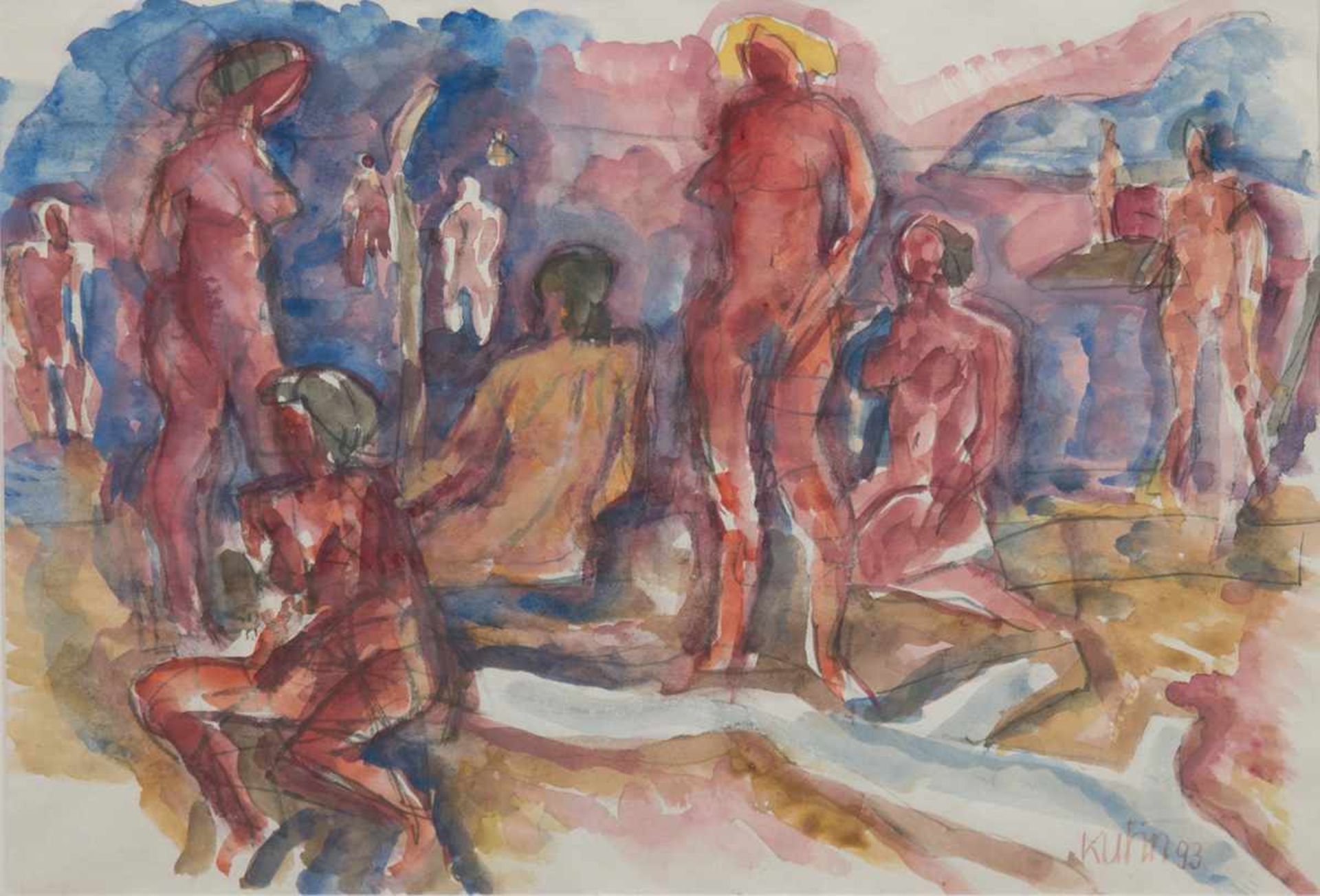 Kuhn, Karlheinz (1930-2001 Rostock) "Am Strand", Aquarell, signiert u.r. und datiert '93,30x40 cm, - Image 2 of 3