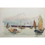 Clausen, Helmut (1913-1963) "Schiff und Dschunken vor asiatischer Küste", Aquarell, sign.u.l., 50x70