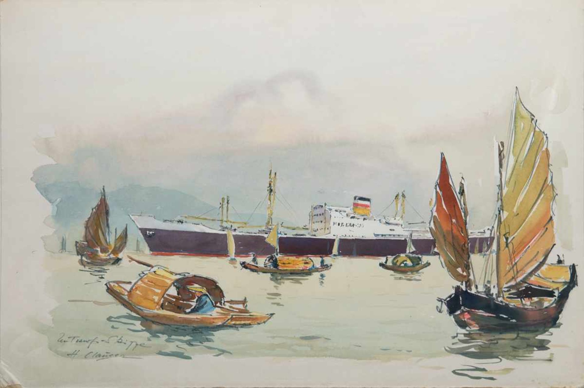 Clausen, Helmut (1913-1963) "Schiff und Dschunken vor asiatischer Küste", Aquarell, sign.u.l., 50x70