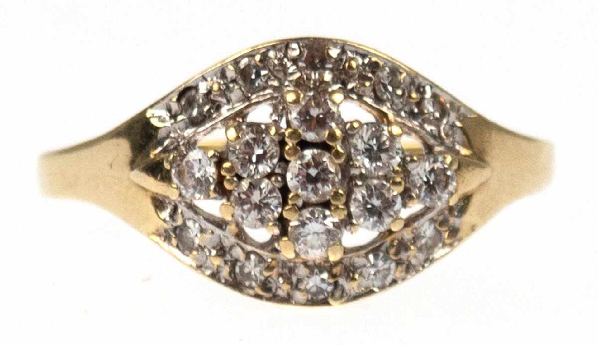 Brillantring, 585er GG, gestufter Ringkopf besetzt mit 21 Brillanten von zus. 0,37 ct, RG58