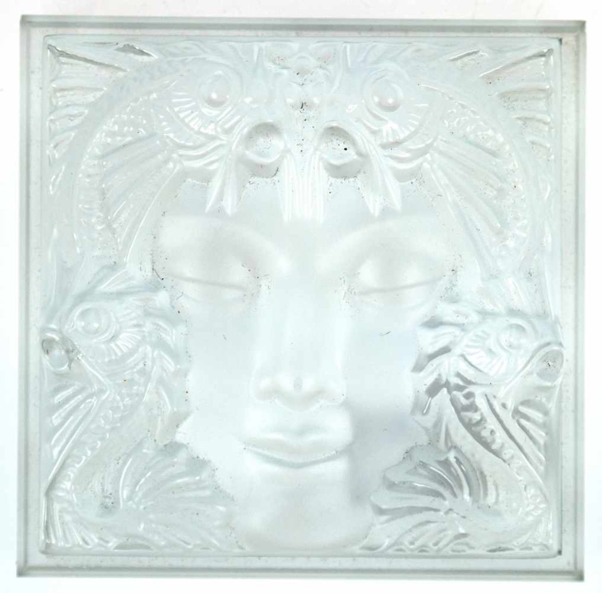 Lalique-Glasobjekt, mit reliefierter Darstellung einer Meerjungfrau, quadratische Form,