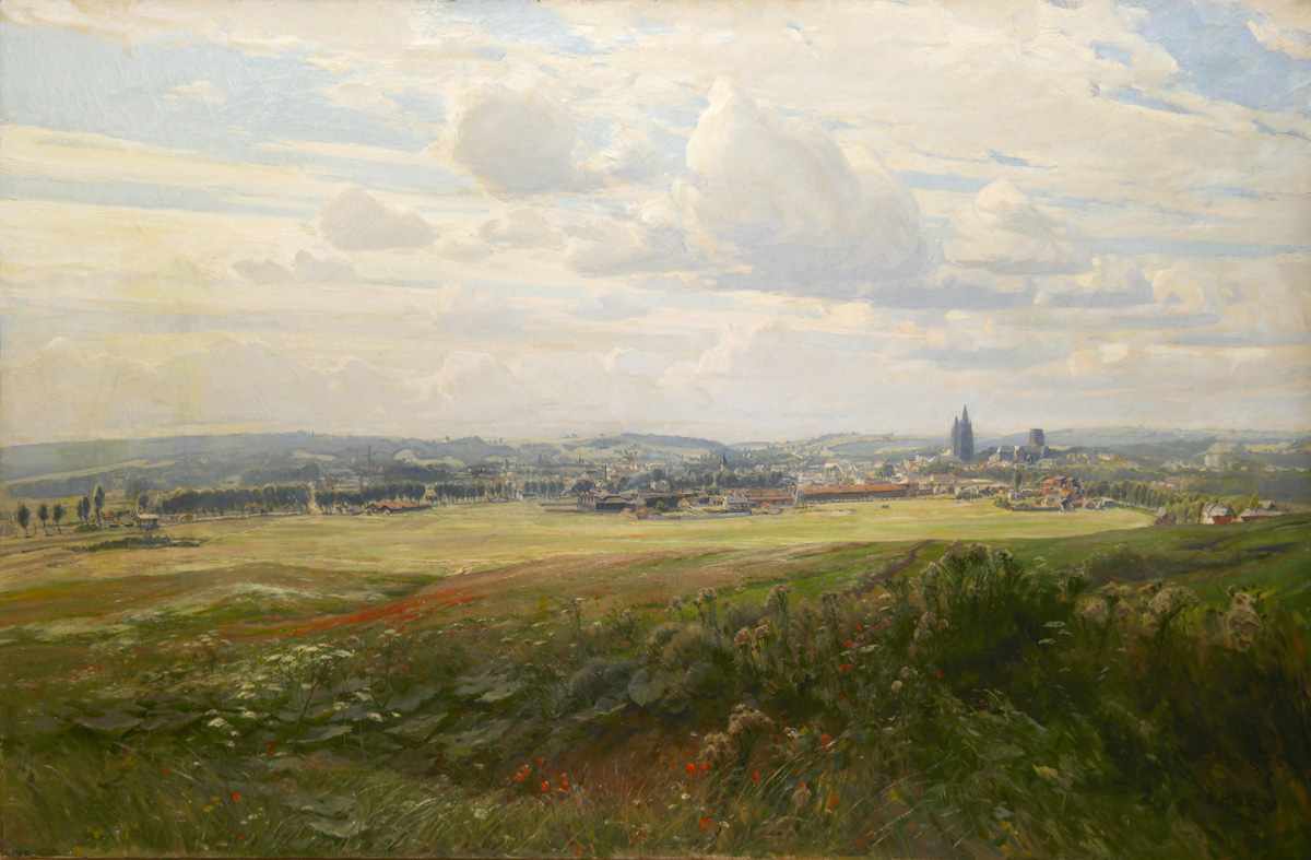 Holz, Albert (1884 Düsseldorf-1954 Düsseldorf) "Panoramablick über weite Felder auf eineStadt", Öl/