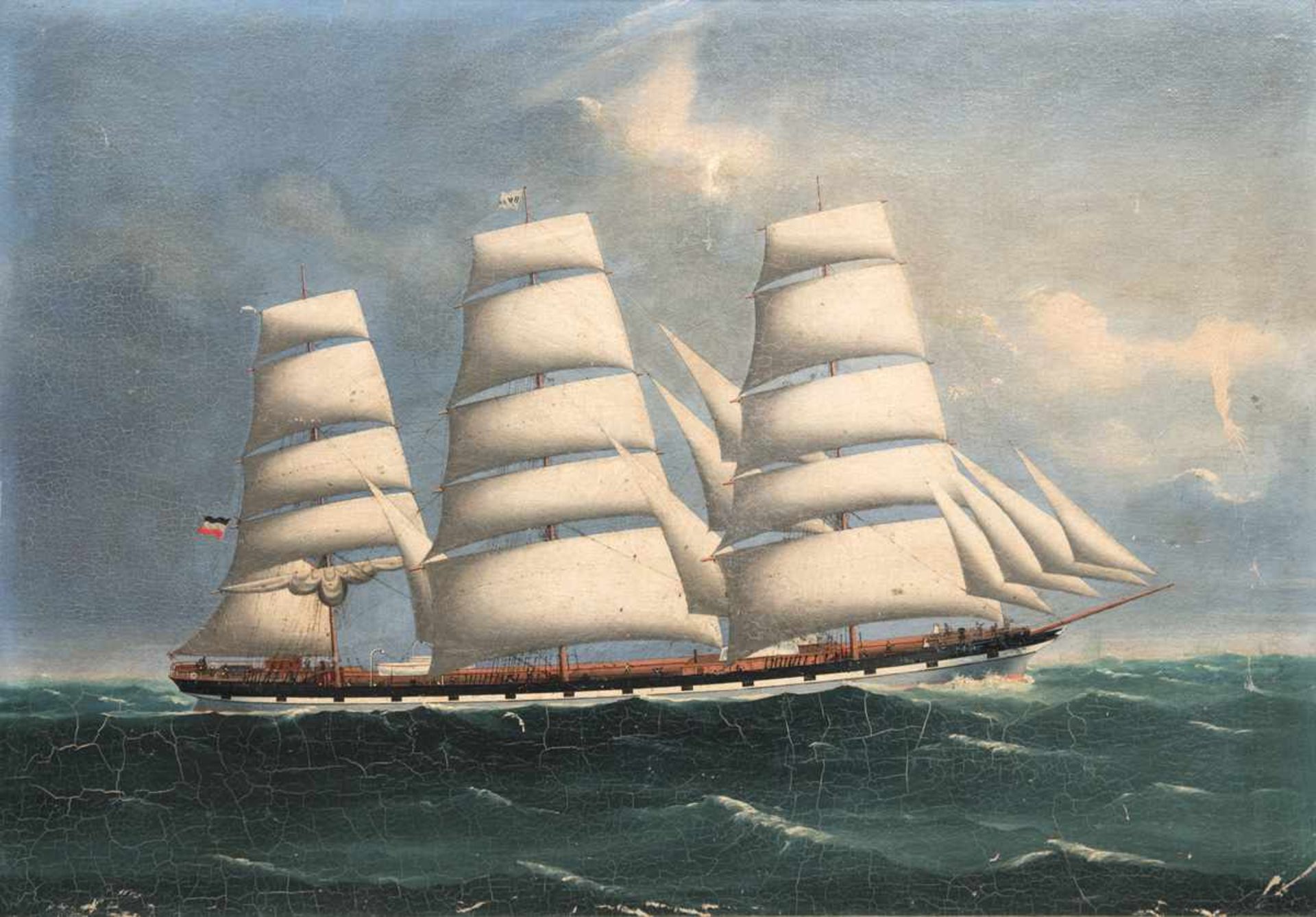 Großes Kapitänsbild "Dreimaster auf ruhiger See", 19. Jh., Öl/Holzplatte, unsign., kl.Farbabpl.,