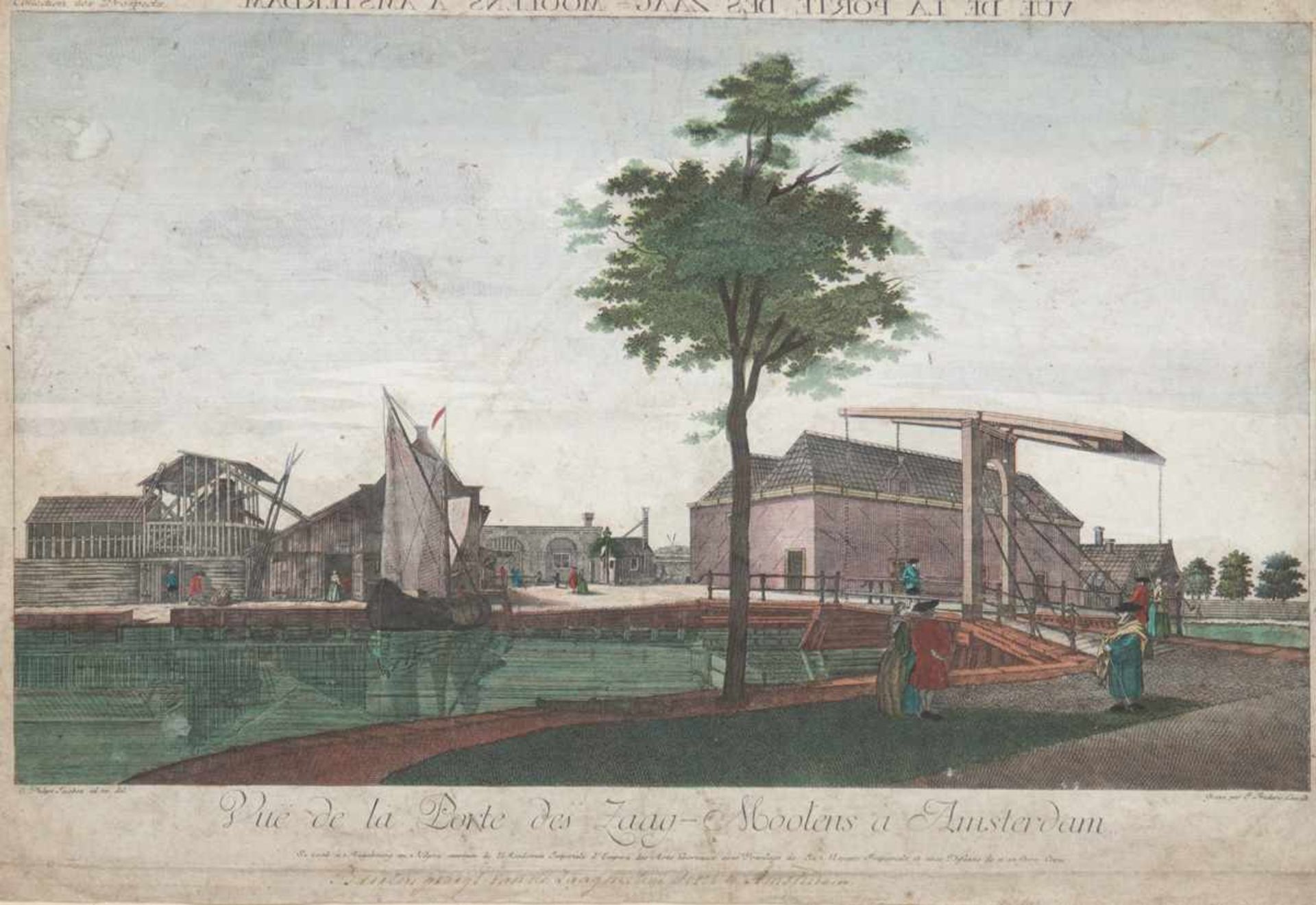 Guckkasten-Bild 18. Jh. "Vue de la Porte des Zaag-Moolens à Amsterdam", kolorierterKupferstich,