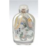 Snuff-Bootle, weiße Glasflasche, beidseitige Darstellung von Drachen und der Vogelwelt,Deckel